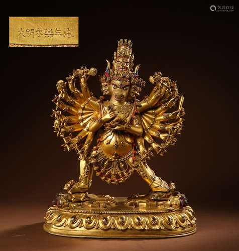 A Gilt Bronze Tibetan Deity 'Da Wei De Jin Gang' Statue