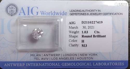 Diamant sur papier taille brillant pesant 1,03 carat, couleu...