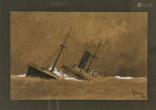 Eden, zinkend stoomschip, aquarel