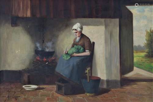 van Langen, vrouw in boerenkeuken, doek