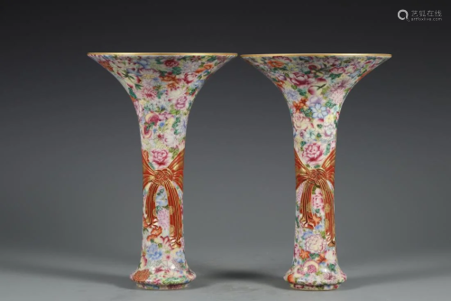 A PAIR OF FAMILLE ROSE BOW-TIE GU VASES