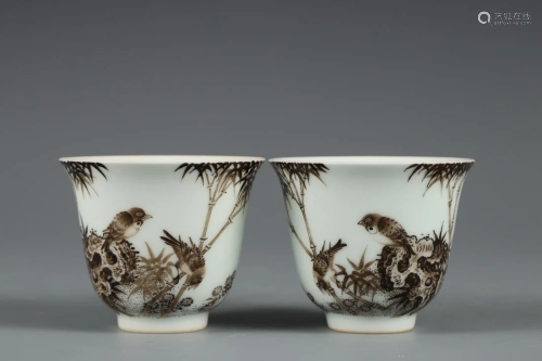 A PAIR OF INK GLAZED 'BIRDS AND BAMBOOS' CUPS