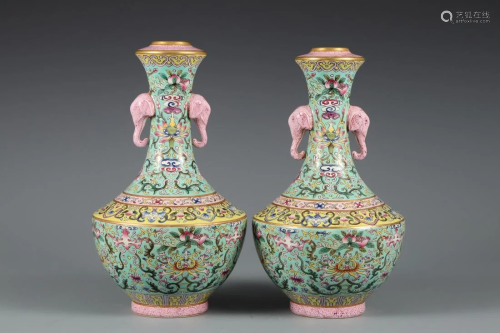 PAIR OF FAMILLE ROSE DOUBLE-EAR GARLIC HEAD VASES