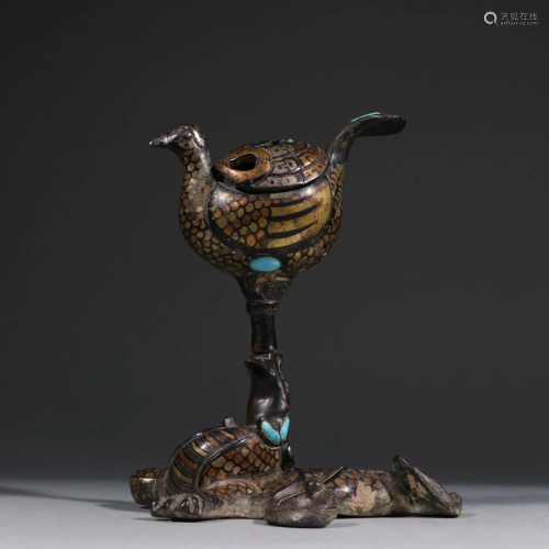 GOLD & SILVER INLAID BRONZE 'BIRD' INCENSE BURNER