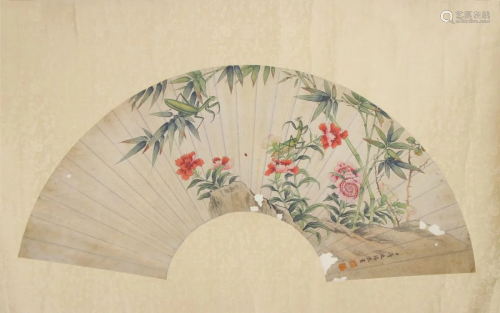 A FAN LEAF PAINTING OF FLOWER&BAMBOO, JIANG TINGXI