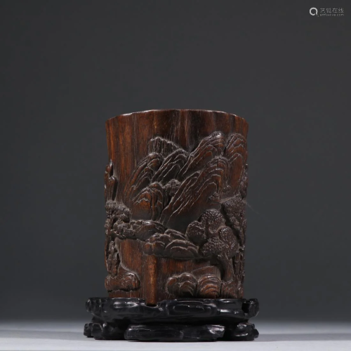 A 'LANDSCAPE' RELIEFS EAGLEWOOD CARVING BRUSH POT