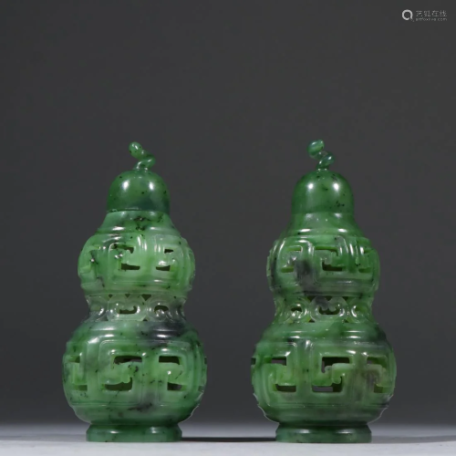 A PAIR OF JASPER JADE CARVING DOUBLE GOURD CENSERS