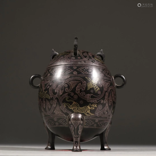 A GOLD AND SILVER INLAID TRIPOT LIDDED POT