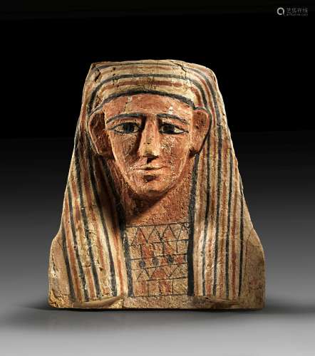 Large gessoed and painted headpiece of a wooden mummyform sa...