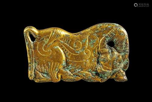 Openwork gilded bronze belt fitting depicting a yak.