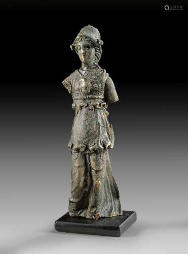 Roman bronze figurine of Athena in flowing robe.