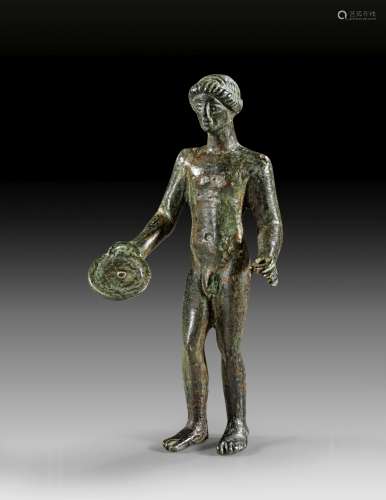 Greek Early Classical bronze figure of Apollo.