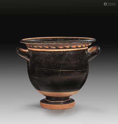 Attic bell krater with red-figure laurel-wreath and black gl...