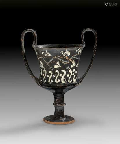 Black-glaze kantharos with engraved tendril and white painte...
