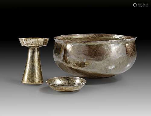 Three hammered silver objects, possibly Inca.