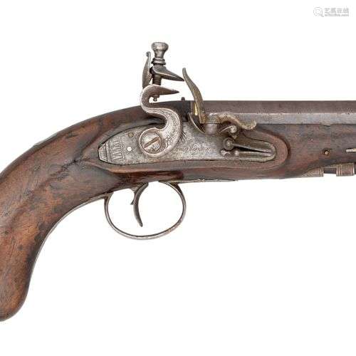 A 25 BORE FLINTLOCK TRAVELLING PISTOL SIGNED W. OGDEN^ LONDO...