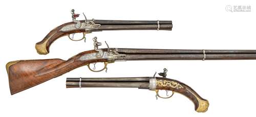 ‡ Ⓦ A FINE AND RARE 28 BORE FLEMISH THREE-BARRELLED FLINTLOC...