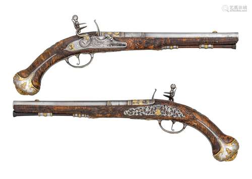 ‡ Ⓦ A FINE PAIR OF 16 BORE DUTCH FLINTLOCK HOLSTER PISTOLS B...