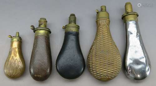 Ⓦ FIVE GUNPOWDER-FLASKS^ 19TH CENTURY