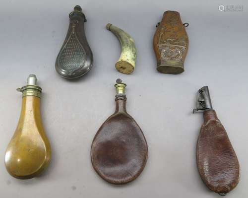 Ⓦ SIX GUNPOWDER-AND SHOT-FLASKS^ 19TH CENTURY