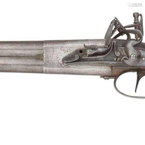 A RARE 18 BORE FLINTLOCK OVER-AND-UNDER DOUBLE TRIGGER HOLST...