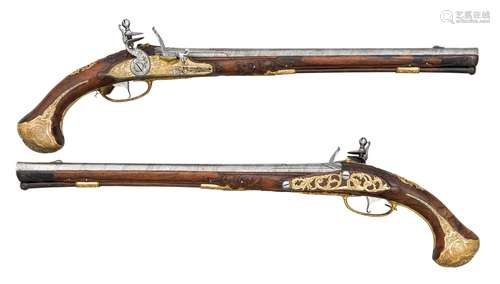 ‡ A FINE PAIR OF 16 BORE VIENNESE LONG FLINTLOCK HOLSTER PIS...