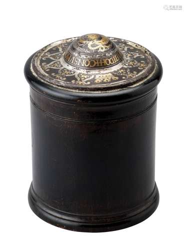 Ⓦ A TURNED WOODEN BOX^ THE LID FITTED WITH A GOLD AND SILVER...