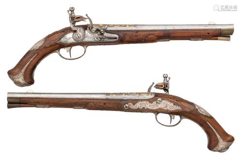 Ⓦ A FINE PAIR OF 28 BORE DANISH SILVER-MOUNTED FLINTLOCK HOL...