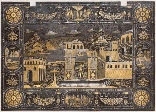 Ⓦ A FINELY DECORATED IRON PLAQUE FROM A DROP-FRONT CABINET^ ...