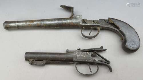 Ⓦ ELEMENTS OF A 25 BORE FLINTLOCK TURN-OFF PISTOL AND ANOTHE...