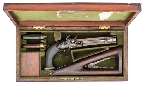 Ⓦ A RARE 18 BORE OVER-AND-UNDER FLINTLOCK OFFICER~S PISTOL W...