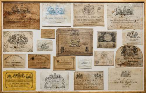 Ⓦ A FRAMED DISPLAY OF GUN AND PISTOL CASE LABELS^ 18TH/EARLY...