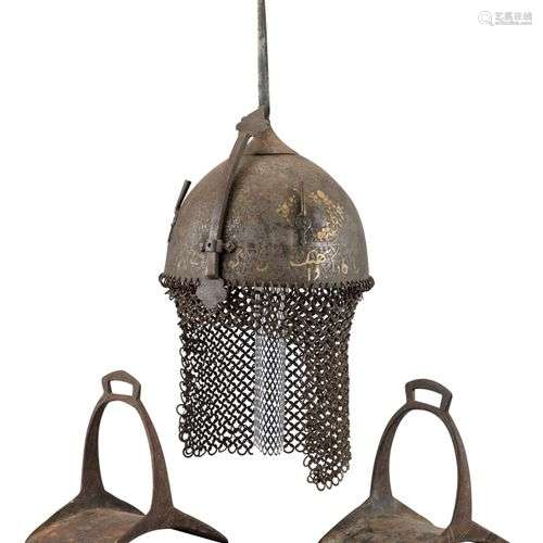 AN INDO-PERSIAN HELMET (KULAH KHUD) AND A PAIR OF TURKISH ST...