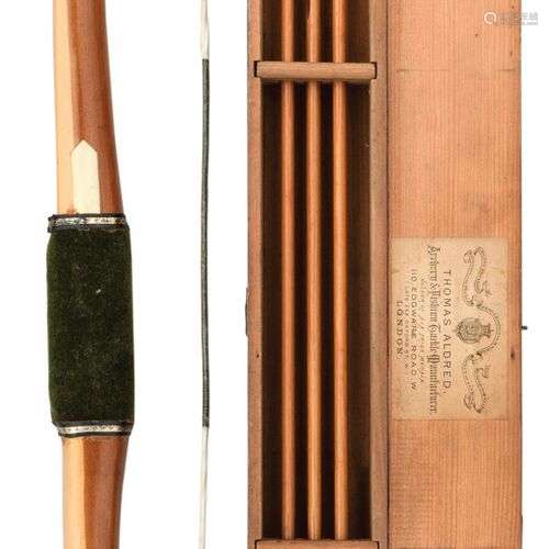 A YEW LONGBOW BY EDWARD MCEWAN^ LONDON AND A CASED SET OF SI...