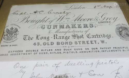 Ⓦ A RECEIPT FOR A CASED PAIR OF DUELLING PISTOLS BY JOHN MAN...