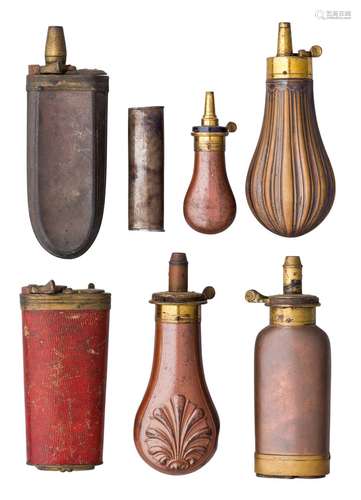 Ⓦ SEVEN PISTOL FLASKS^ CIRCA 1790-1840