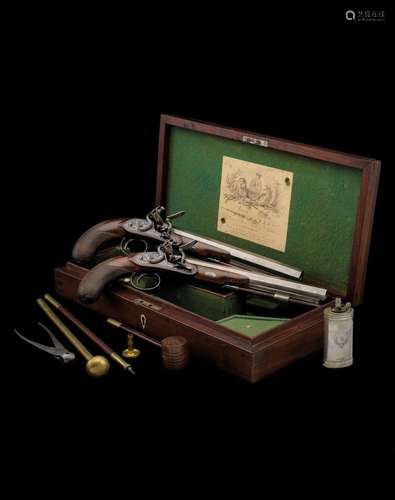 ˜Ⓦ A CASED PAIR OF 40 BORE FLINTLOCK DUELLING PISTOLS BY JOS...