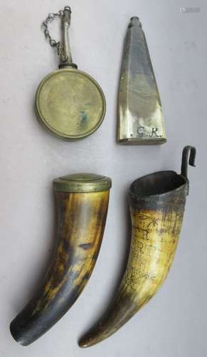 Ⓦ THREE HORN FLASKS^ 18TH CENTURY AND A FURTHER FLASK