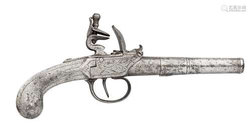 Ⓦ A 54 BORE FLINTLOCK PISTOL FORMED ENTIRELY OF STEEL SIGNED...