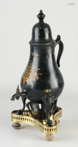 19th century painted pewter tap jug with brass burner.