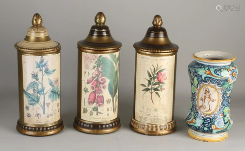 Four old/antique terracotta/Fayence apothecary jars.