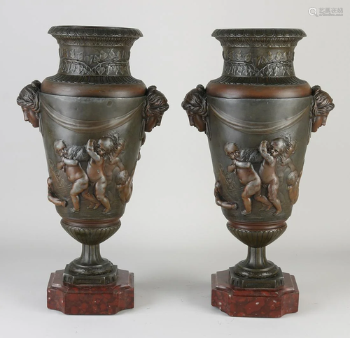 Two 19th century French bronze vases with red marble