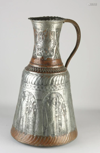 Antique Persian copper driven water jug. Partly plated