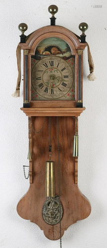 Antique oak Frisian office clock with moon phase and