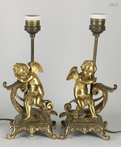 Two antique gold-plated brass table lamps with Amor.