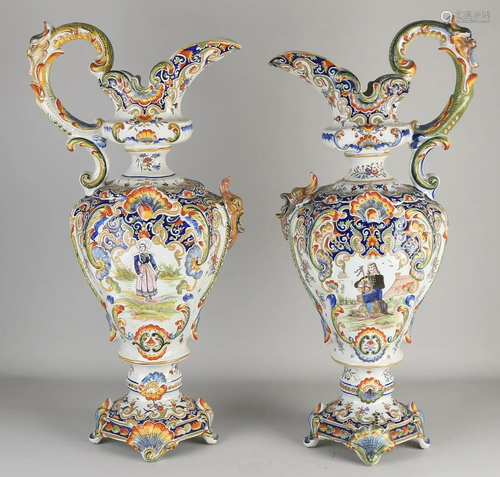 Two very large French polychrome Fayence