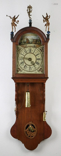 19th century oak Frisian tail clock with alarm and ship