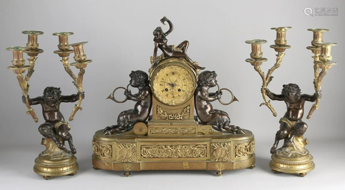 Three-piece 19th century bronze Empire style clock set