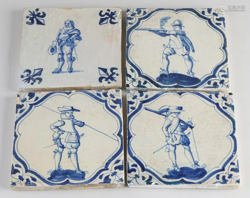 Four rare 17th century Dutch tiles with military