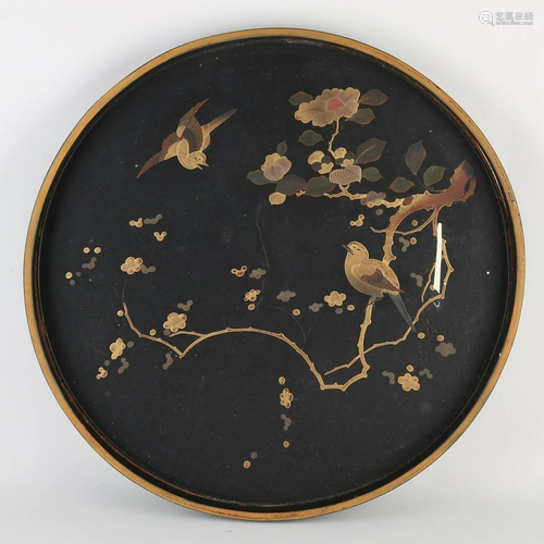 Antique Japanese lacquer tray with bird/blossom branch